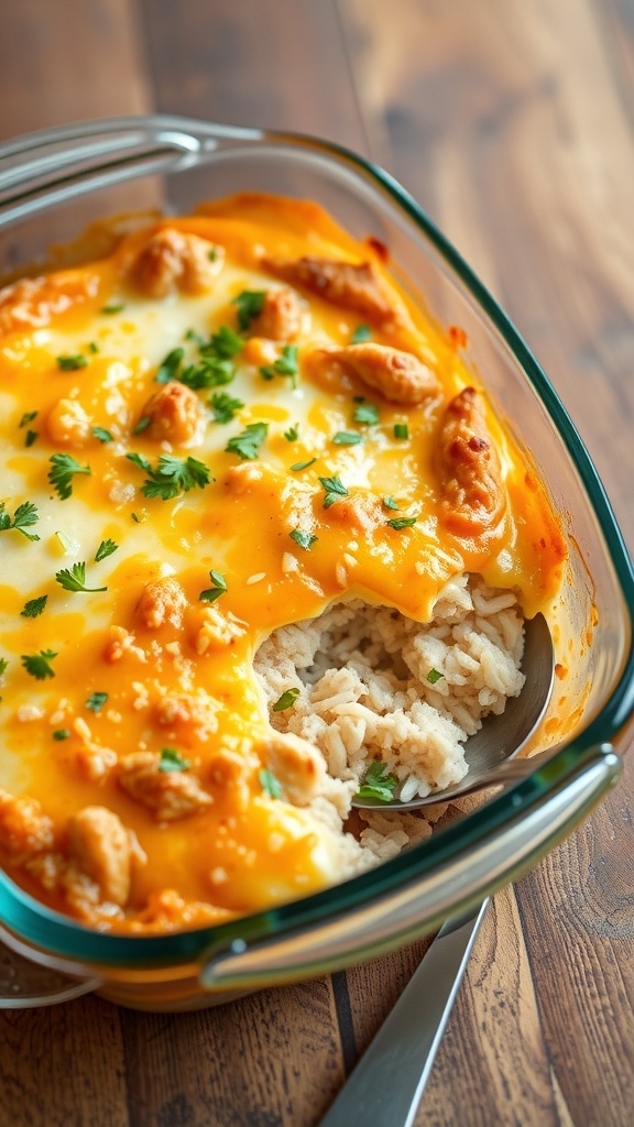 A golden chicken and rice casserole topped with melted cheese and parsley in a glass baking dish.